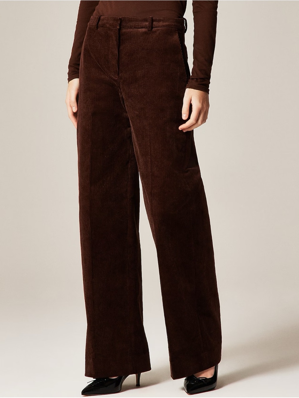J. Crew Wide-Leg Trousers in Stretch Corduroy Pants in Chocolate Brown